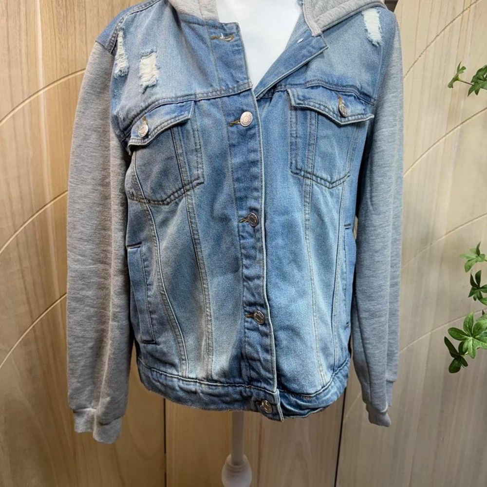 Light Wash Distressed Denim Hooded Jacket Ashley Vintage Charm XL Soft Grunge